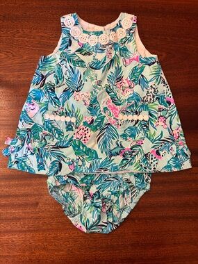 Lilly Pulitzer Tropical Leaf & Puppy Print Dress Set in Aqua, Teal, Pink